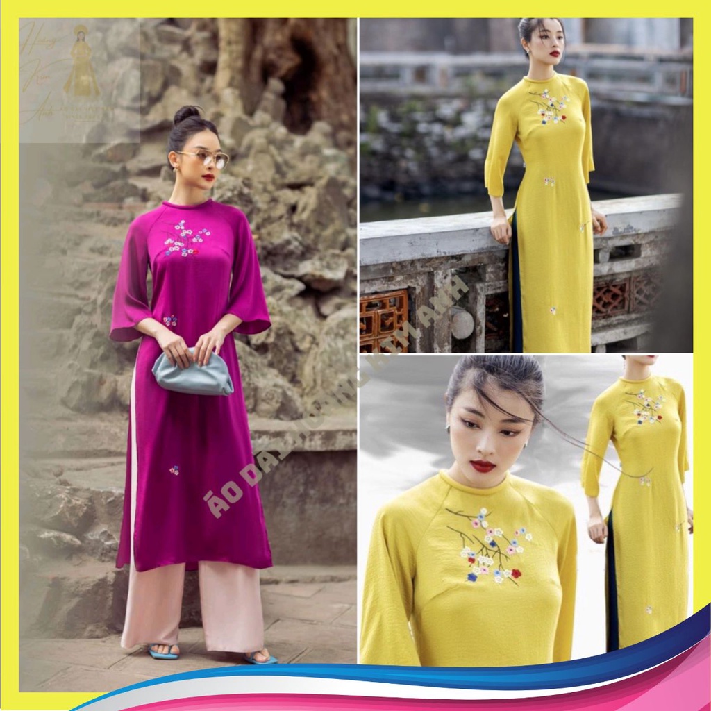 ÁO DÀI TRUYỀN THỐNG CÁCH TÂN THÊU HOA NHÍ CỔ TRÒN DÁNG SUÔNG MÀU VÀNG VÀ TÍM HỒNG KÈM QUẦN MAY SẴN HÀNG LOẠI 1