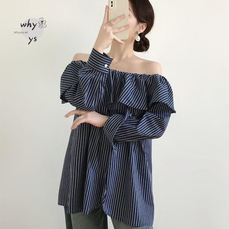 Áo Sơ Mi Kẻ Sọc Xanh Dương Cổ Điển Thời Trang Kiểu Pháp Cho Nữ