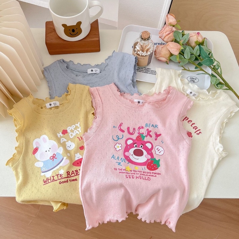 Áo sát nách viền bèo chất cotton thoáng khí in hình hoạ tiết dễ thương cho bé gái