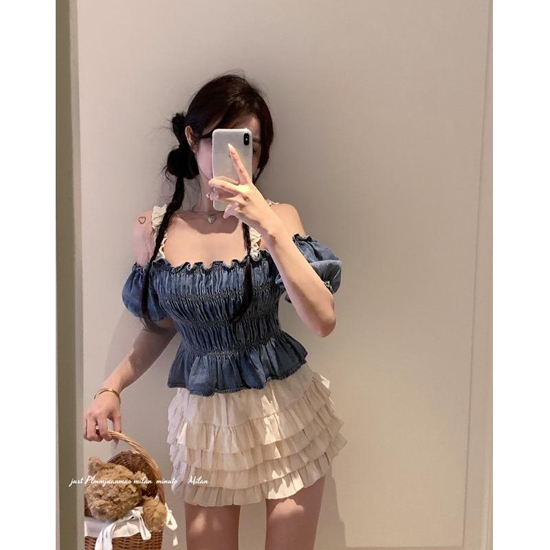 Áo Sơ Mi Denim Tay Ngắn Phồng Trễ Vai Thời Trang Mùa Hè Dành Cho Nữ