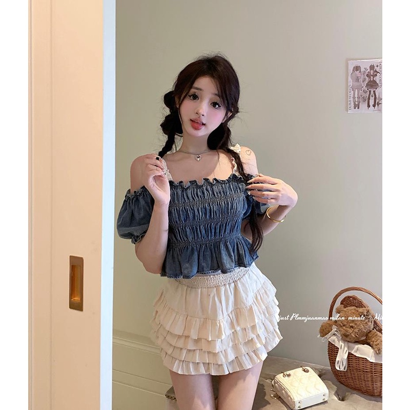 Áo Sơ Mi Denim Tay Ngắn Phồng Trễ Vai Thời Trang Mùa Hè Dành Cho Nữ