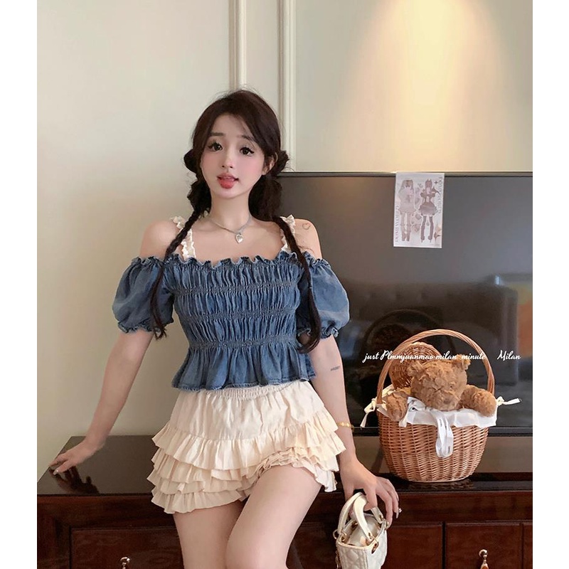 Áo Sơ Mi Denim Tay Ngắn Phồng Trễ Vai Thời Trang Mùa Hè Dành Cho Nữ