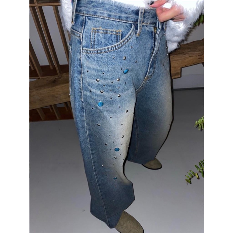 Quần Jean Dáng Suông Rộng Đính Đinh Tán Màu Xanh Dương Thiết Kế Đặc Biệt Phong Cách Hàn Quốc