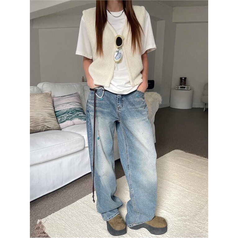 Quần Jean Dáng Suông Rộng Đính Đinh Tán Màu Xanh Dương Thiết Kế Đặc Biệt Phong Cách Hàn Quốc