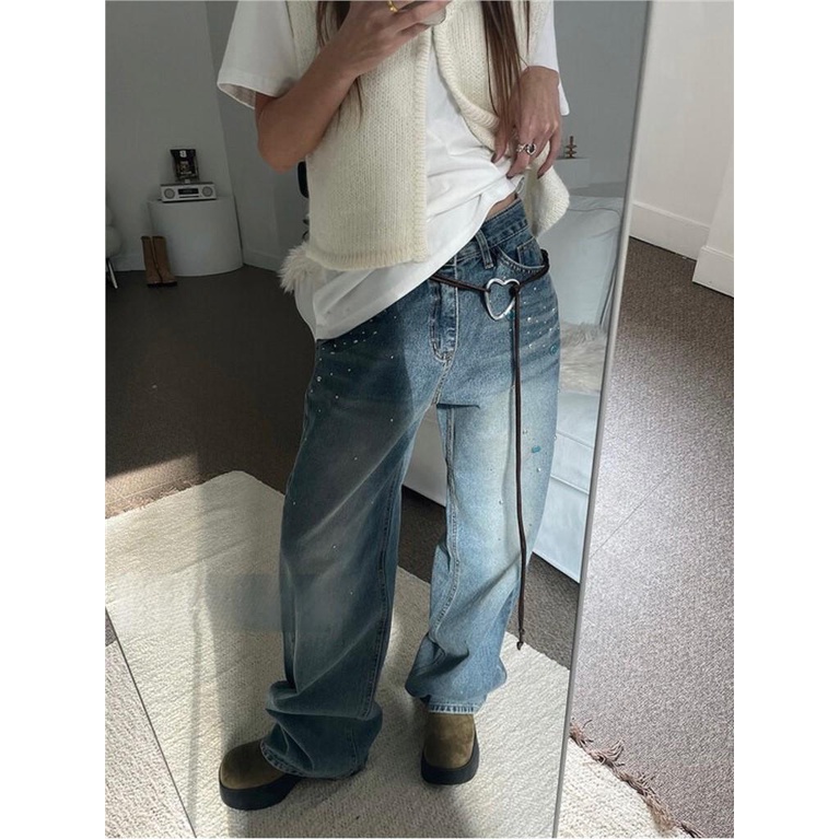Quần Jean Dáng Suông Rộng Đính Đinh Tán Màu Xanh Dương Thiết Kế Đặc Biệt Phong Cách Hàn Quốc