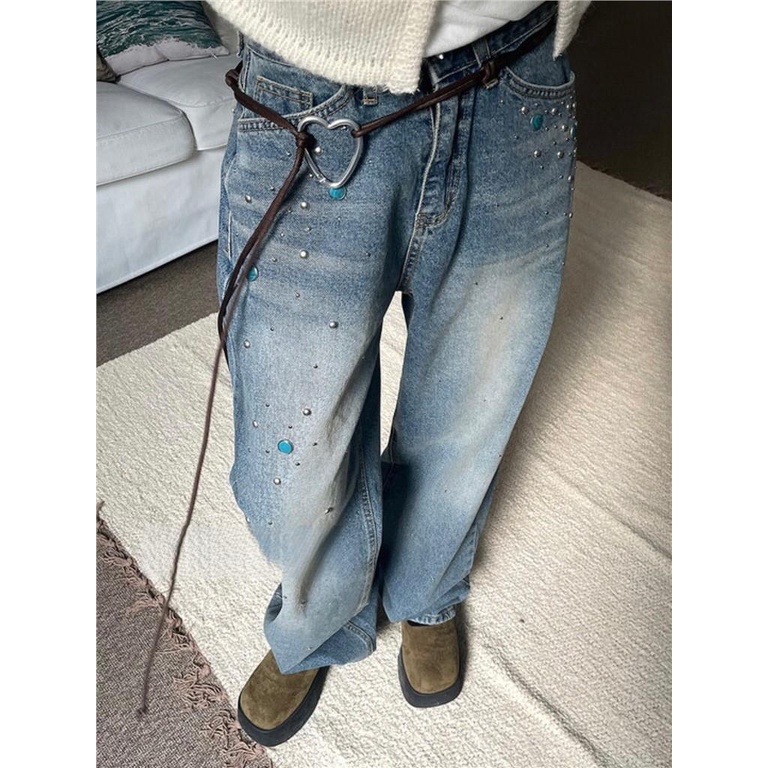 Quần Jean Dáng Suông Rộng Đính Đinh Tán Màu Xanh Dương Thiết Kế Đặc Biệt Phong Cách Hàn Quốc