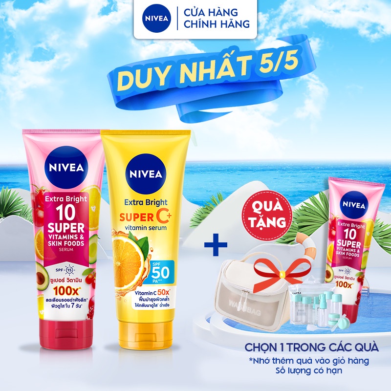 Bộ Đôi Serum Dưỡng Thể NIVEA Vitamin Ngày & Đêm Dưỡng Sáng Da Hiệu Quả: Vitamin Super C+ & 10 Super Vitamins (180 ml)