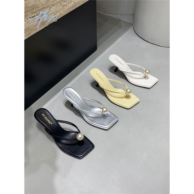 Dép Sandal Cao Gót Hở Ngón Màu Bạc Đính Ngọc Trai Thời Trang Mùa Hè Cho Nữ