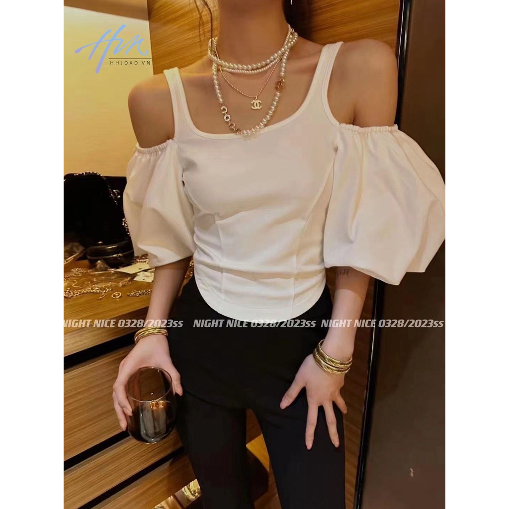 Áo Kiểu Ngắn Tay Phồng Hở Vai Màu Trơn Thời Trang Mùa Xuân 2023 Dành Cho Nữ