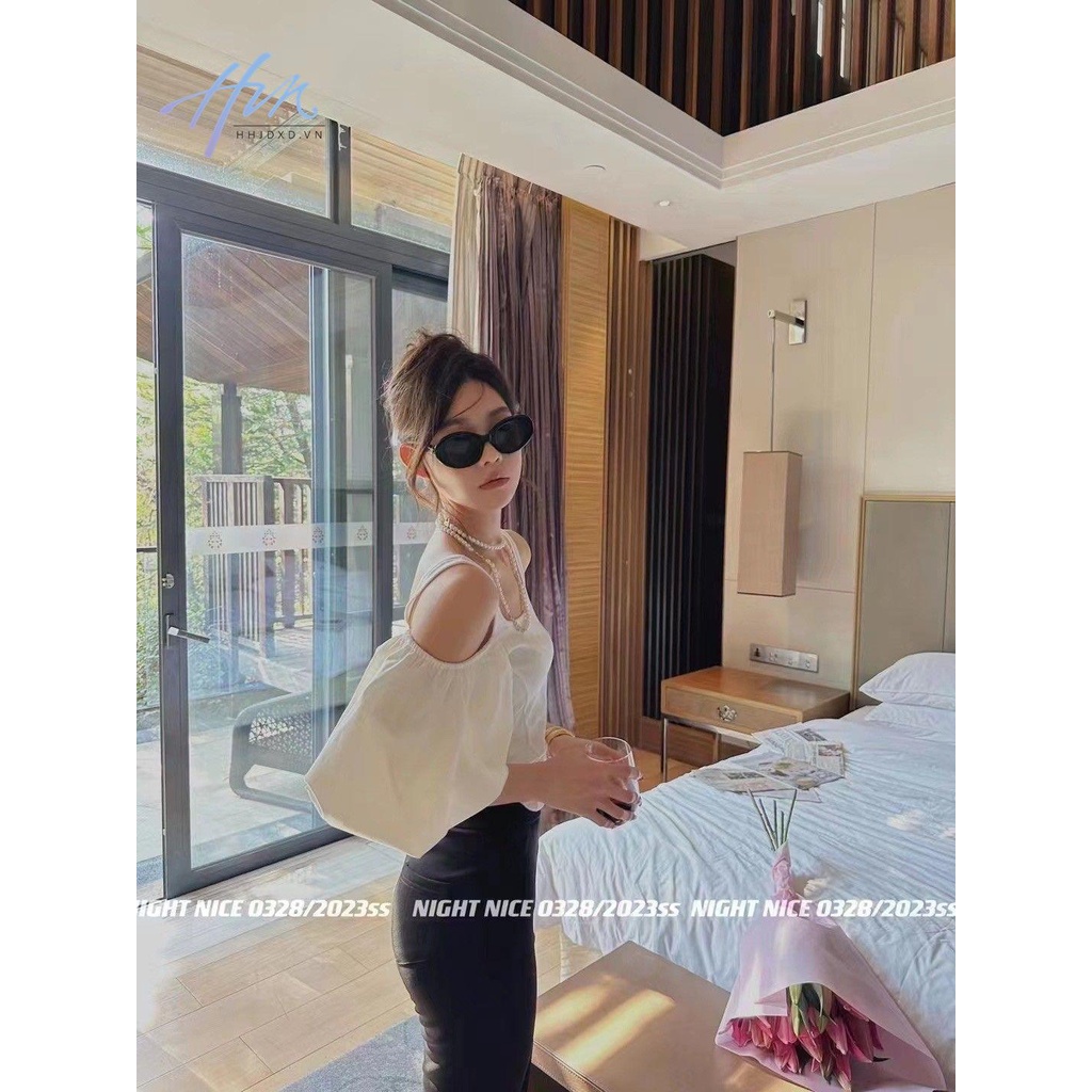 Áo Kiểu Ngắn Tay Phồng Hở Vai Màu Trơn Thời Trang Mùa Xuân 2023 Dành Cho Nữ