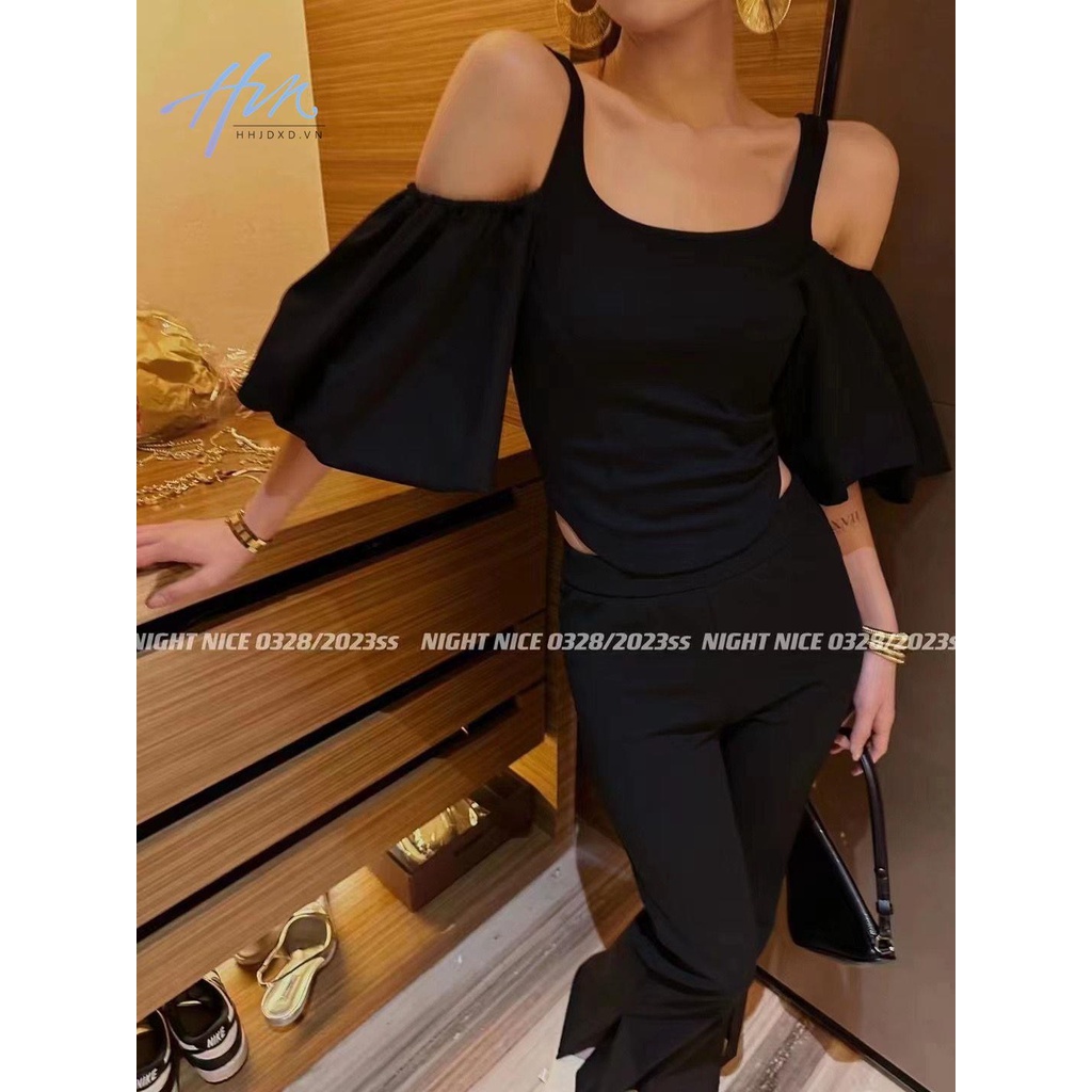 Áo Kiểu Ngắn Tay Phồng Hở Vai Màu Trơn Thời Trang Mùa Xuân 2023 Dành Cho Nữ