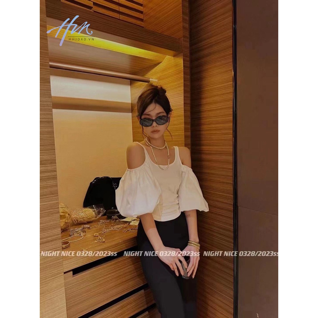 Áo Kiểu Ngắn Tay Phồng Hở Vai Màu Trơn Thời Trang Mùa Xuân 2023 Dành Cho Nữ