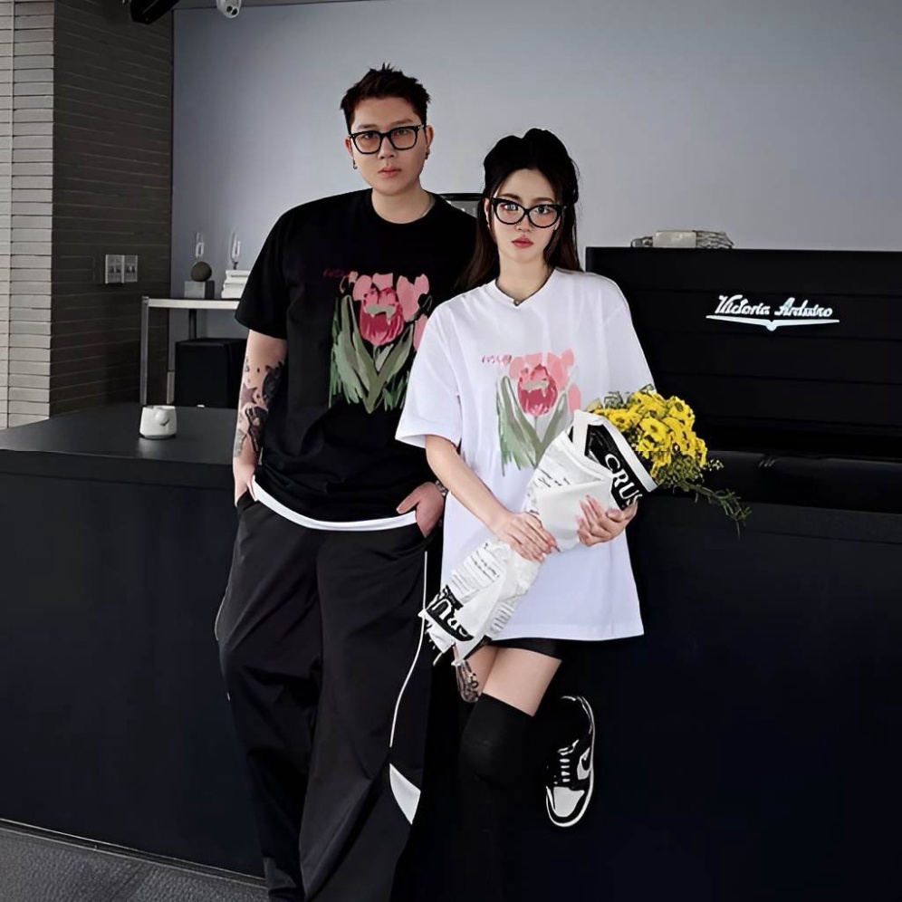 Áo thun hoa tuylip cam hồng unisex nam nữ tay lỡ from rộng và áo croptop baby tee mặc đôi cotton A078 L66studio - Hàng m