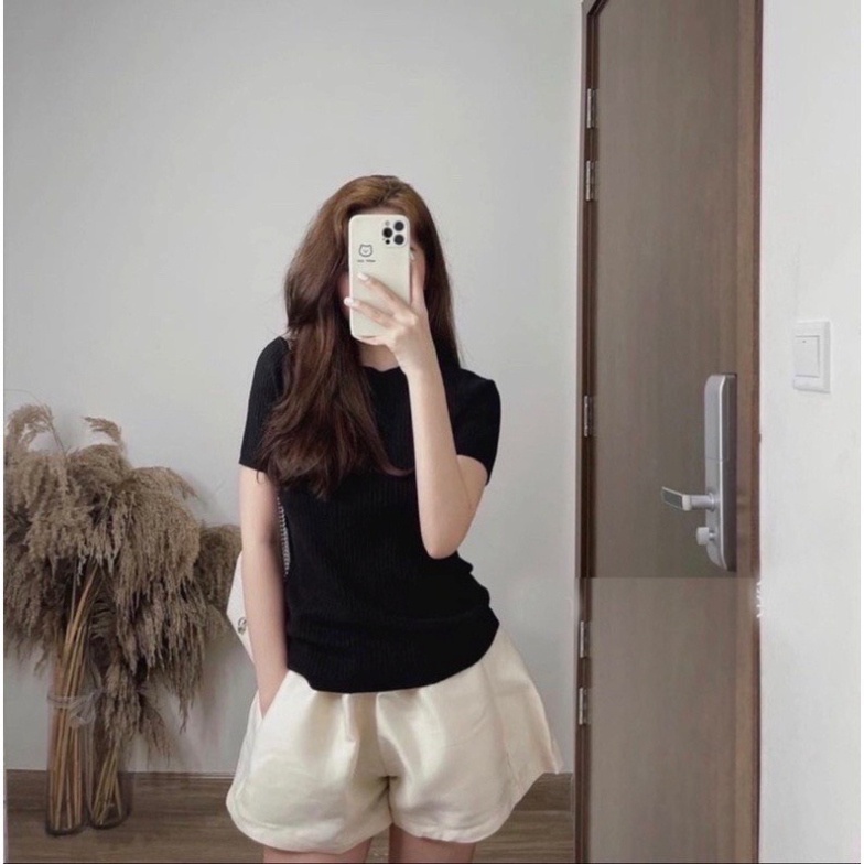 Áo thun tăm nữ L66studio gân cổ tròn tay ngắn dáng body - Hàng mới về