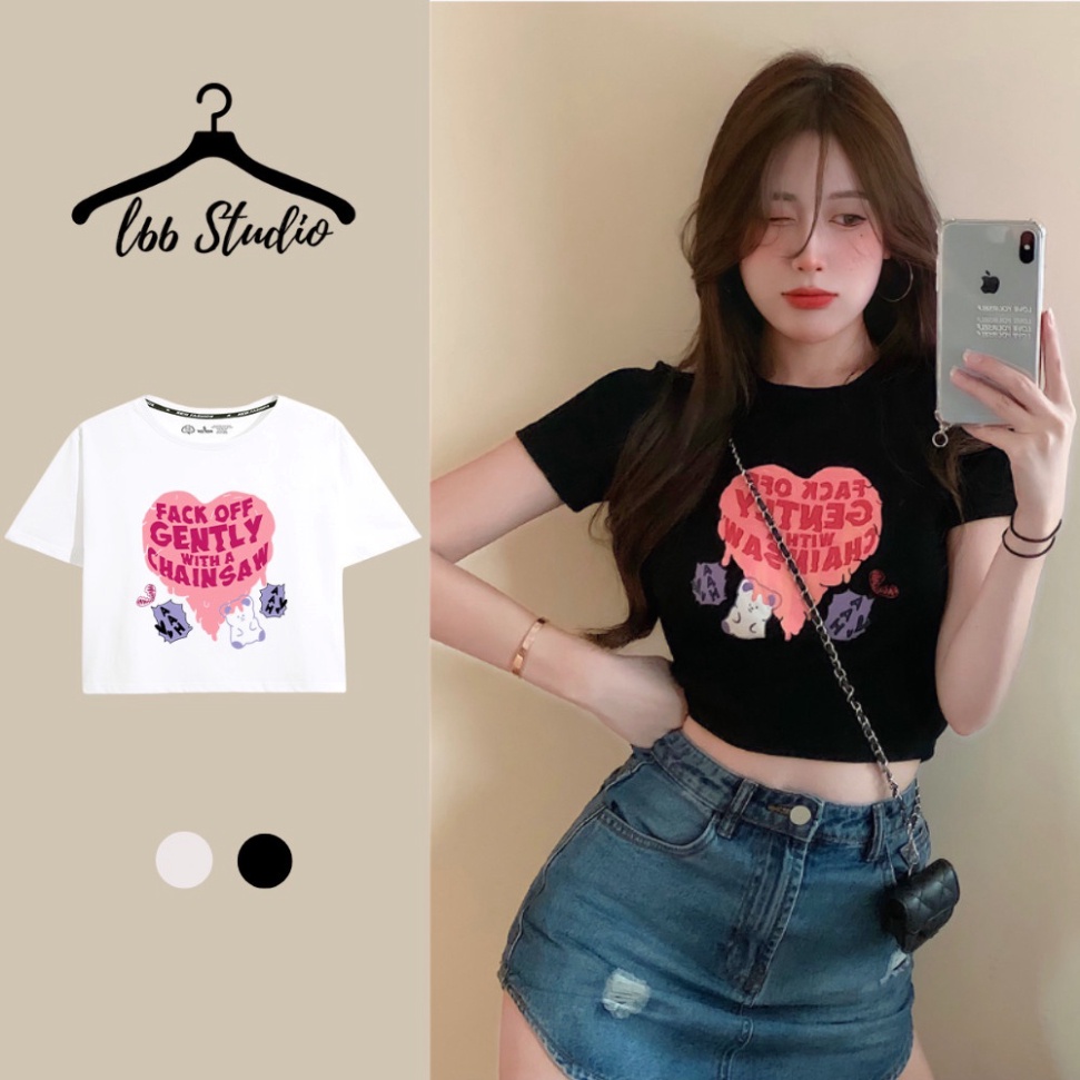 Áo croptop nữ tay ngắn cổ tròn áo kiểu nữ ôm body in hoạ tiết Trái tim hồng chất thun gân mềm mịn A030 - Hàng mới về