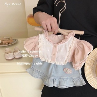 Set Áo Thun Ngắn Tay Và Quần Short Denim Thời Trang Hàn Quốc Mới Cho Bé Gái