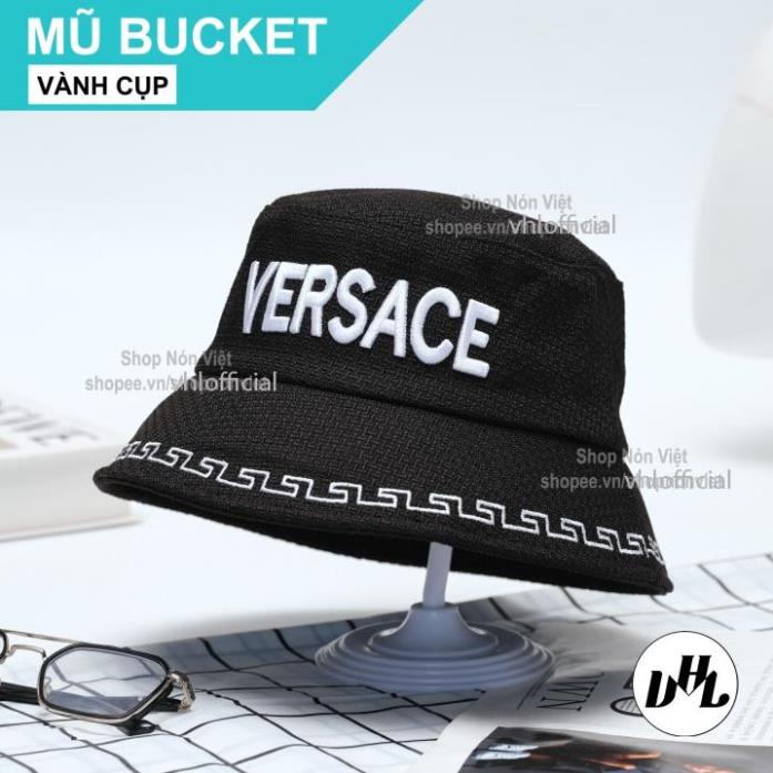 Mũ Bucket VERSACE Logo Thêu Lớn Nổi Màu Đen Viền Trắng Cotton Vành Cụp Mềm Mại Phong Cách Hàn Quốc Thời Trang Nam