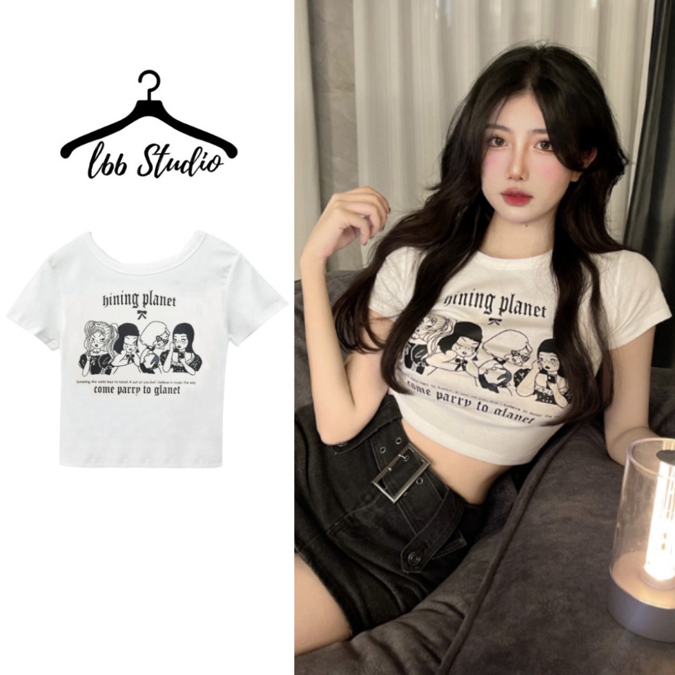 Áo baby tee croptop nữ áo thun tay ngắn hình 4 cô gái A040 - Hàng mới về