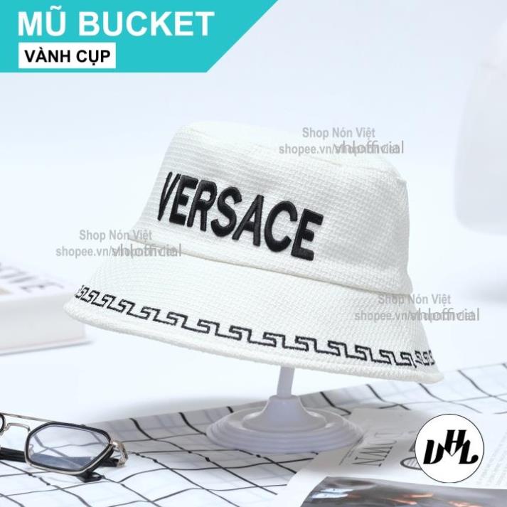 Mũ Bucket VERSACE Logo Thêu Lớn Nổi Màu Trắng Viền Đen Cotton Vành Cụp Mềm Mại Phong Cách Hàn Quốc Thời Trang Nam