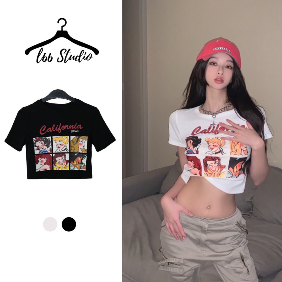 Áo croptop nữ áo thun ngắn tay in hình các nàng công chúa hình cuối ảnh thật A033 - Hàng mới về