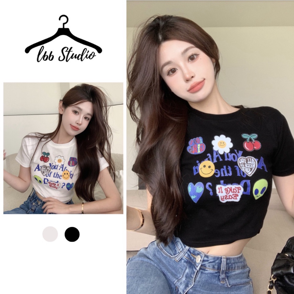Áo baby tee croptop nữ áo thun ngắn tay in hình đáng yêu cá tính hình cuối ảnh thật A - Hàng mới về