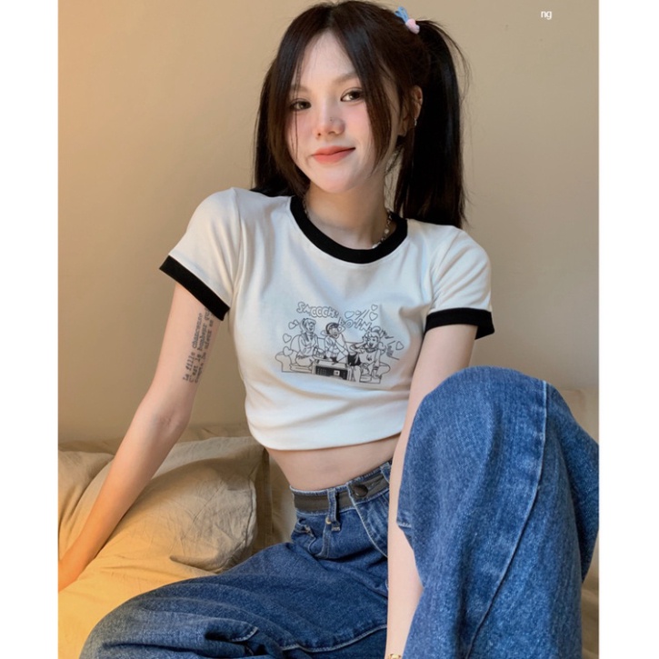 Áo baby tee croptop nữ áo thun tay ngắn có viền hình cuối ảnh thật A034 - Hàng mới về