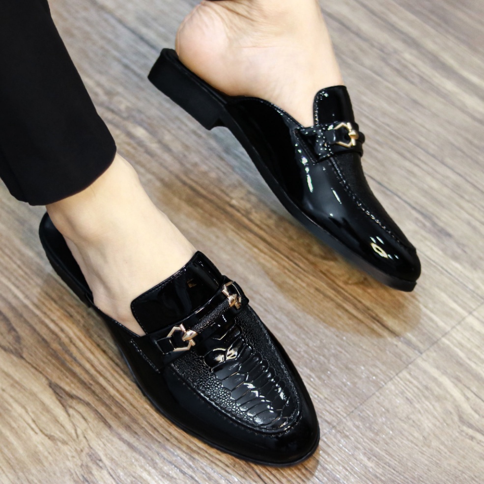 Giày sục da nam. giày lười nam hở gót da bóng dập vân mã L209