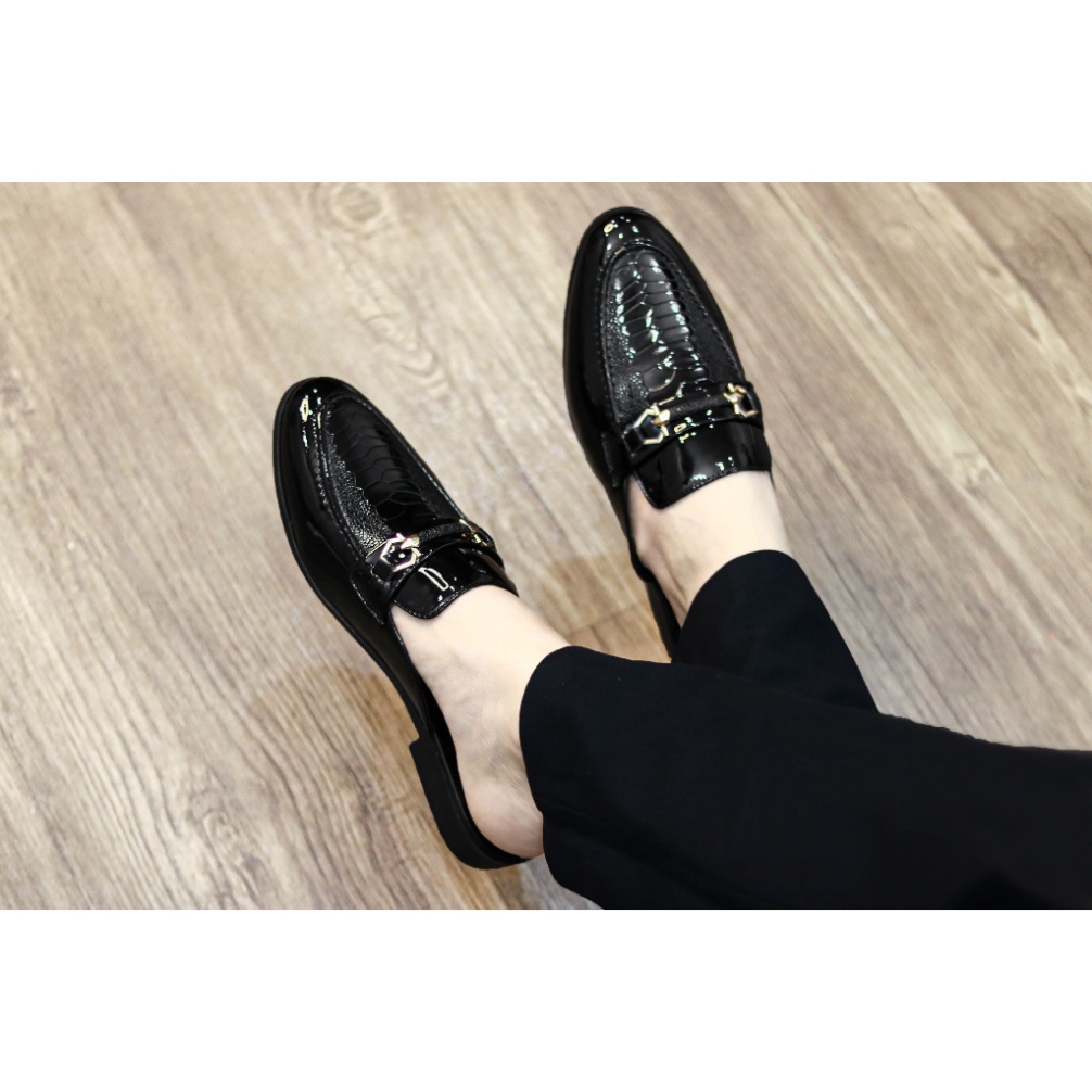 Giày sục da nam. giày lười nam hở gót da bóng dập vân mã L209