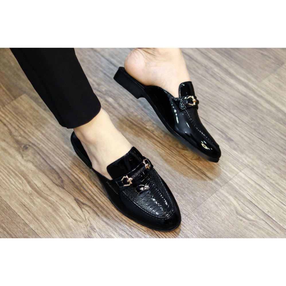 Giày sục da nam. giày lười nam hở gót da bóng dập vân mã L209