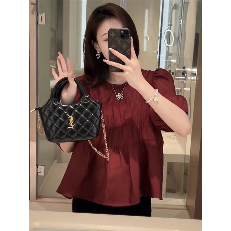 Áo Sơ Mi Tay Ngắn Xếp Ly Màu Trơn Phong Cách Thời Trang Mùa Hè Mới 2023