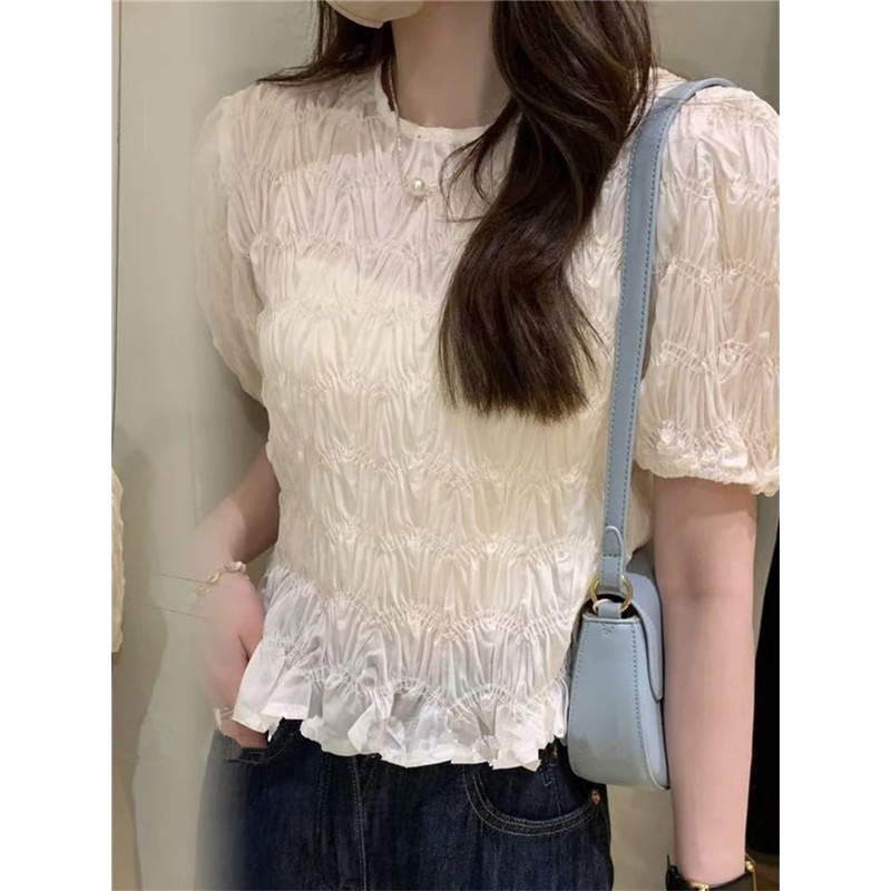 Áo Thun Tay Ngắn Cổ Tròn Xếp Ly Nhỏ Màu Trơn Phong Cách Retro Thời Trang Mùa Hè Mới 2023 Dành Cho Bạn Nữ
