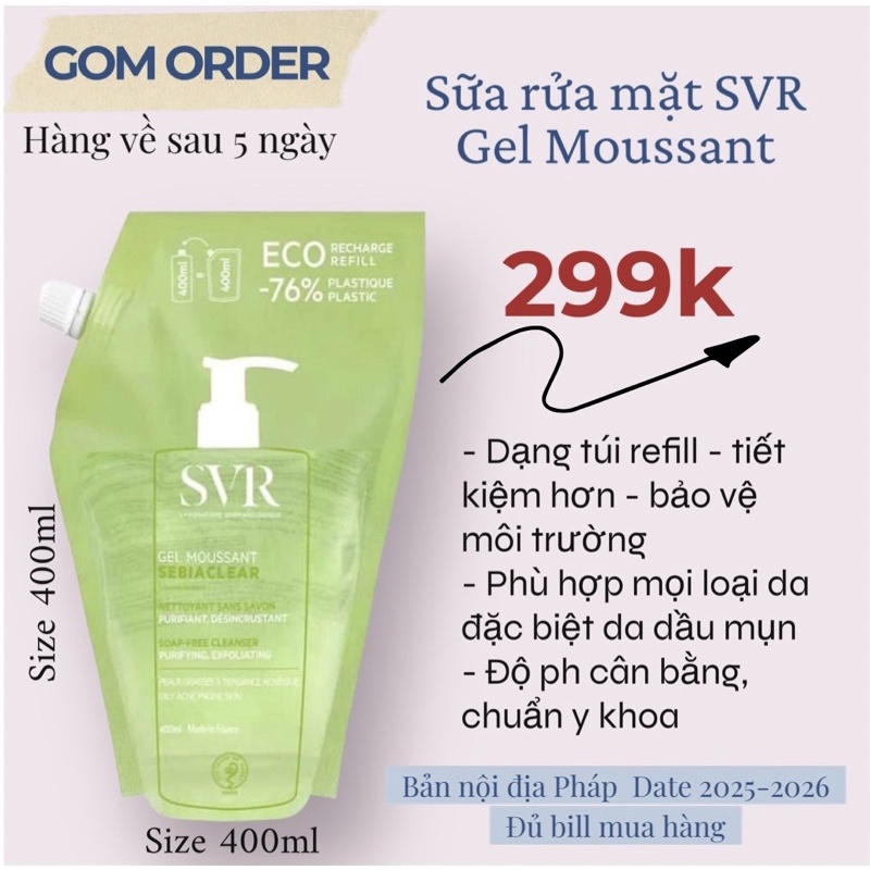 Túi refill 400ml sữa rửa mặt SVR