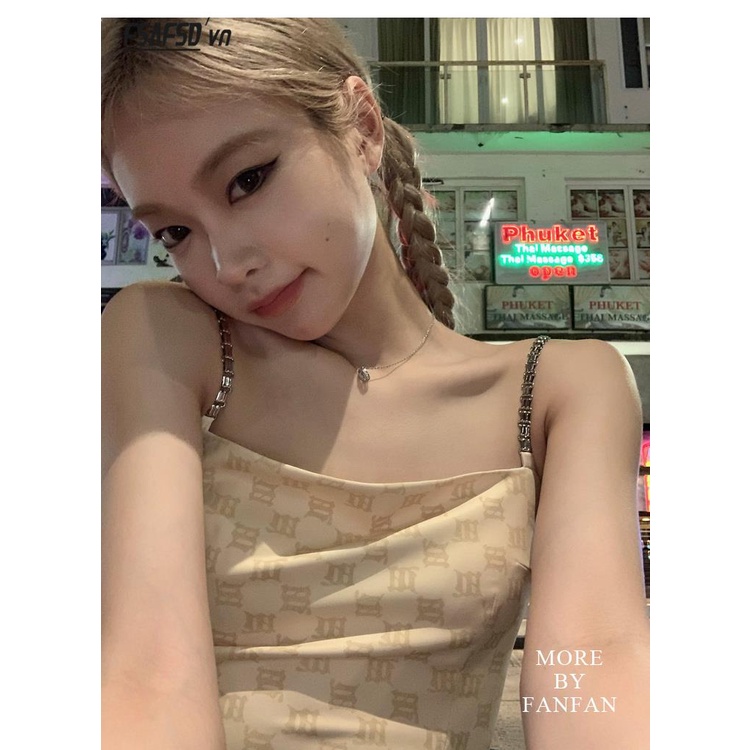 Áo Không Tay Dây Xích Dáng Ngắn In Họa Tiết Thời Trang Mùa Hè Cho Nữ