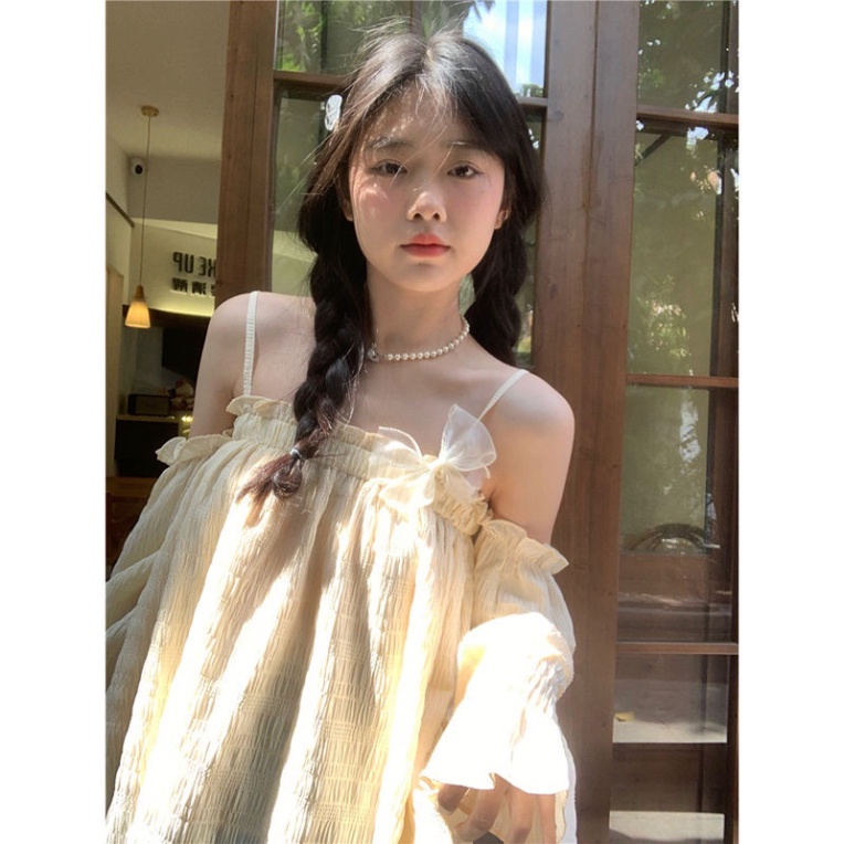 (Sẵn) Áo Hai Dây Tay Dài Trễ Vai Thắt Nơ, Áo Sơ Mi Hở Vai Phong Cách Hàn Quốc Ngọt Ngào Thời Trang Mùa Hè Cho Nữ