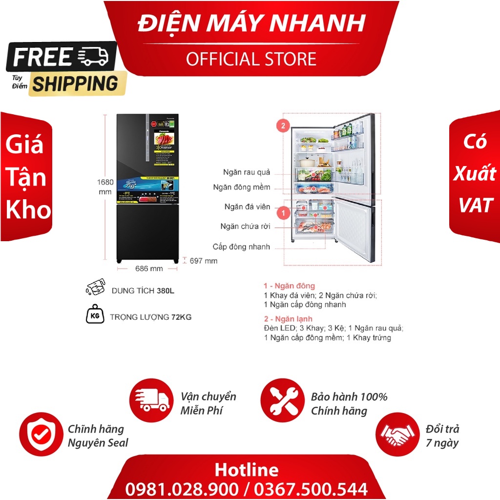 Tủ Lạnh Inverter PANASONIC 380Lít NR-BX421WGKV Mới 100%