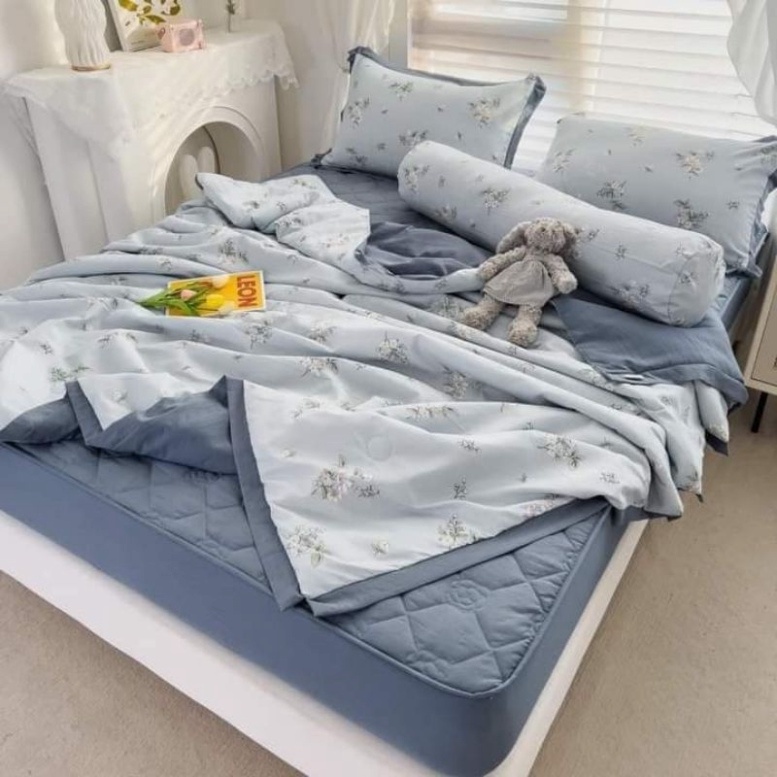 Bộ chăn ga gối cotton đũi 5 món, bộ chăn ga gối chăn hè ga trần bông dày dặn cao cấp