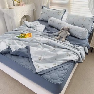 Bộ chăn ga gối cotton đũi 5 món, bộ chăn ga gối chăn hè ga trần bông dày dặn cao cấp