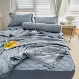 Bộ chăn ga gối cotton đũi 5 món cao cấp, chăn ga gối cotton đũi chăn hè ga chần bông dày dặn loại 1 tặng kèm vỏ gối ôm