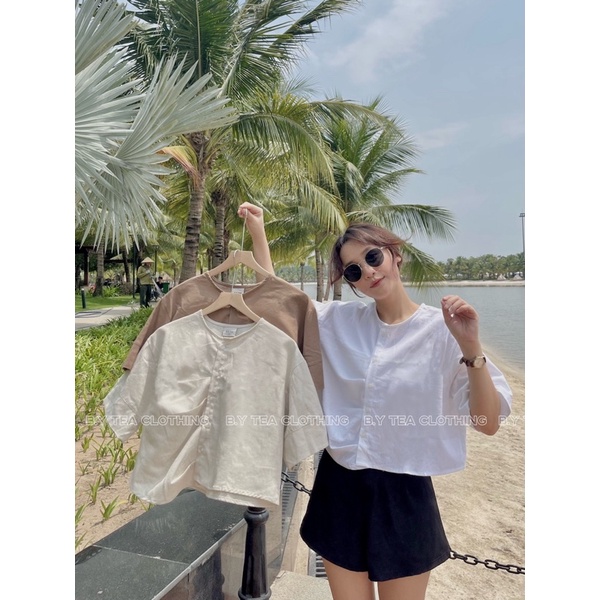 Áo Sơ Mi Croptop Nữ Tay Ngắn Cổ Tròn Xếp Li Chất Linen Oversize B.Y Tea