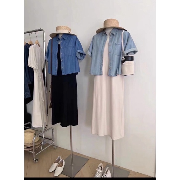 Áo sơ mi croptop tay ngắn chất jean denim oversize Thời Trang B.Y Tea Clothing