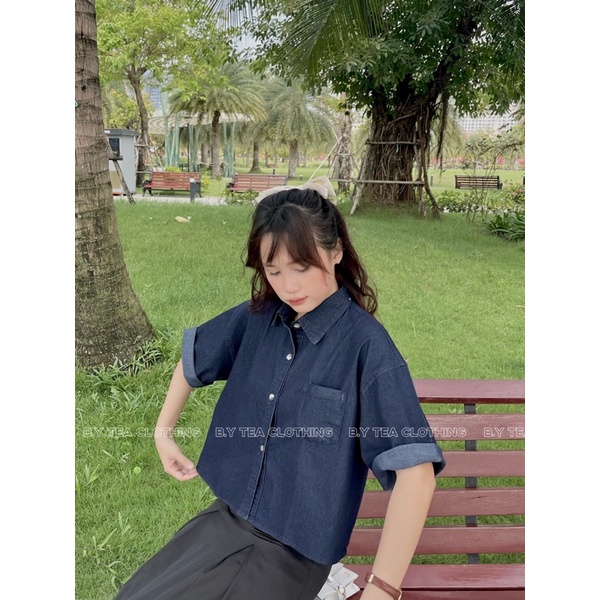 Áo sơ mi croptop tay ngắn chất jean denim oversize Thời Trang B.Y Tea Clothing