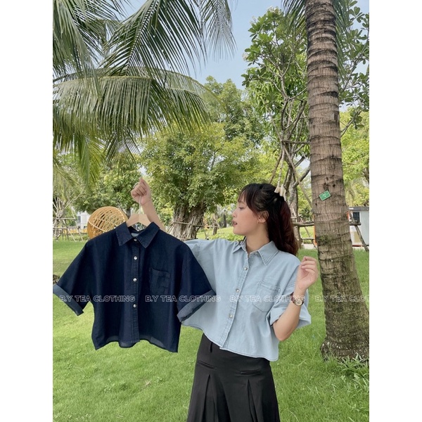 Áo sơ mi croptop tay ngắn chất jean denim oversize Thời Trang B.Y Tea Clothing