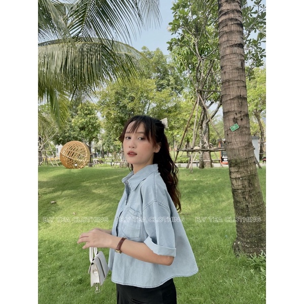 Áo sơ mi croptop tay ngắn chất jean denim oversize Thời Trang B.Y Tea Clothing