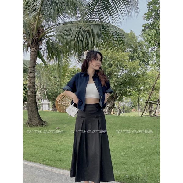 Áo sơ mi croptop tay ngắn chất jean denim oversize Thời Trang B.Y Tea Clothing