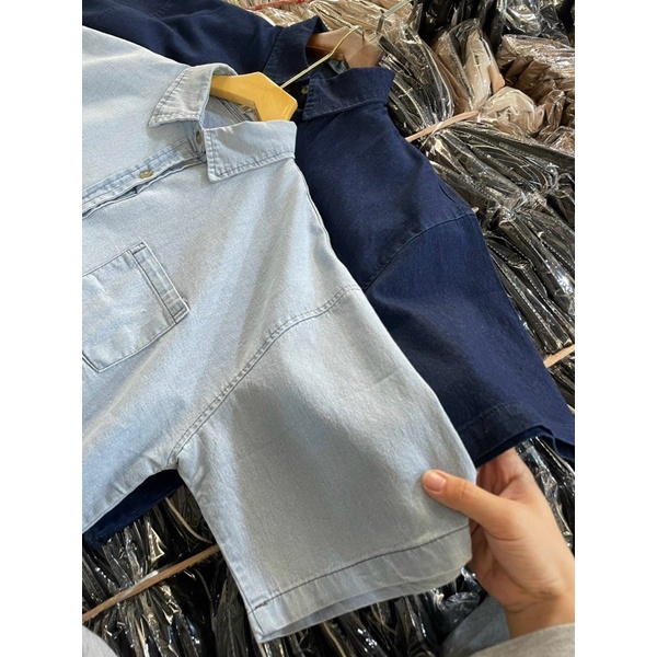 Áo sơ mi croptop tay ngắn chất jean denim oversize Thời Trang B.Y Tea Clothing