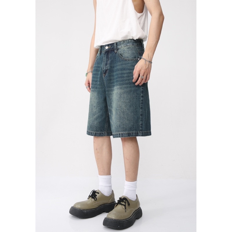 Quần jean baggy short màu greenwash ống rộng Brokeboiz