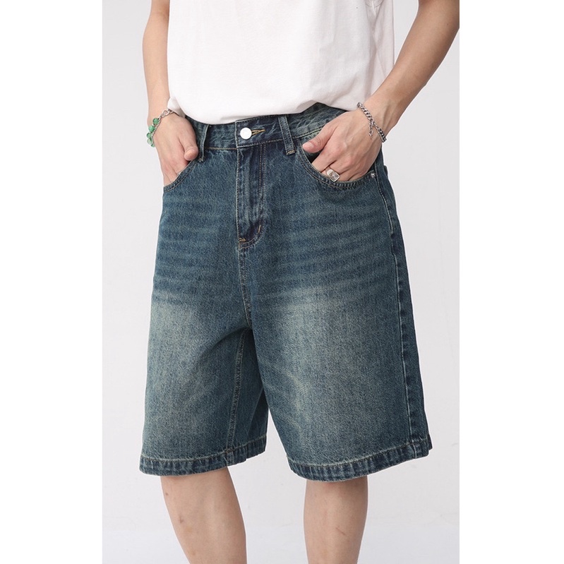 Quần jean baggy short màu greenwash ống rộng Brokeboiz