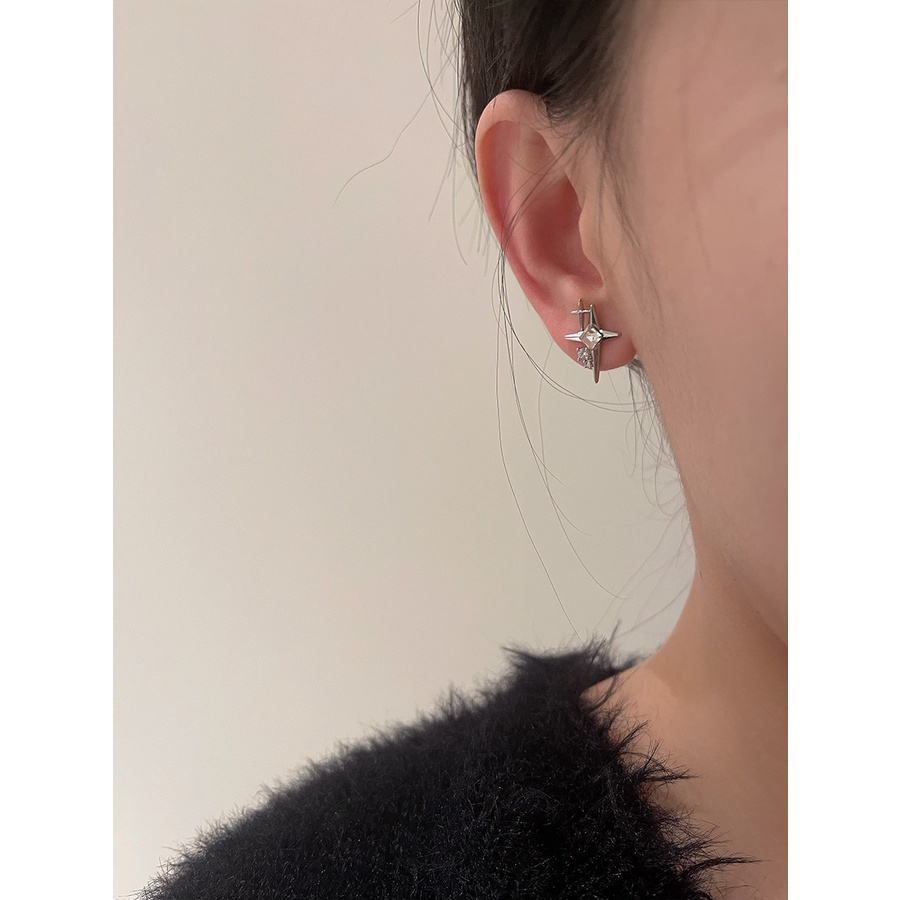 Khuyên tai kẹp không bấm lỗ chốt cố định K108 bằng hợp kim mạ bạc hình ngôi sao đính đá dáng ngắn Leous Accessories