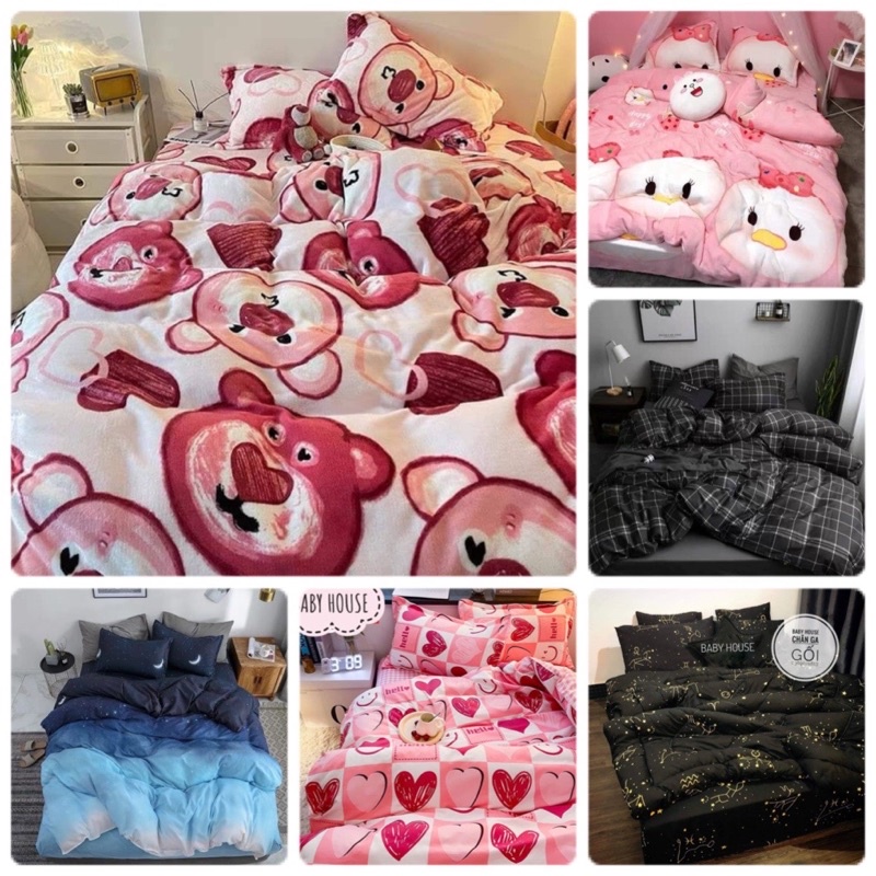Bộ chăn ga gối Cotton 5 món dày dặn, chăn phao ấm áp họa tiết trẻ trung hiện đại