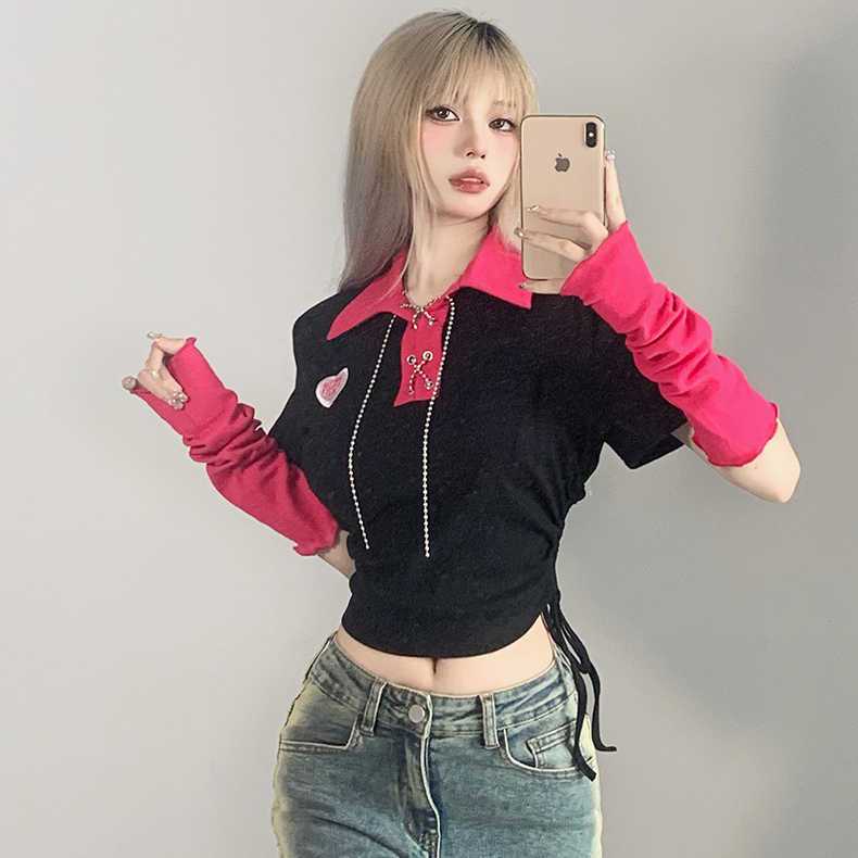 Áo Thun polo Ngắn Tay Ôm Dáng Màu Sắc Tương Phản Phối Dây Rút Thời Trang Dành Cho Nữ